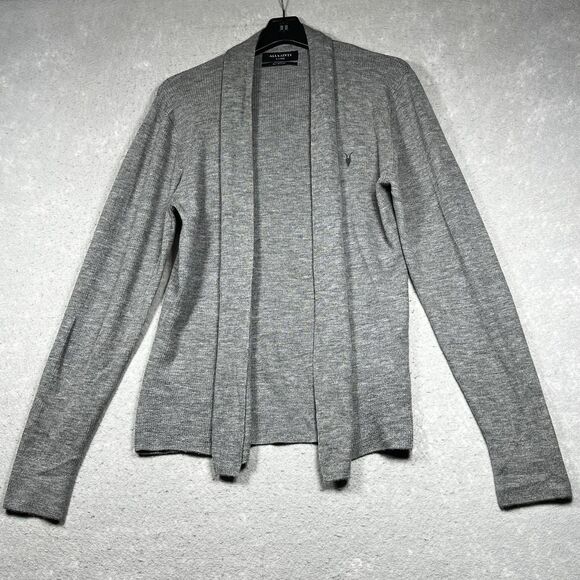 AllSaints Sweater Womens XL Gray Merino Wool Open Front Cardigan Lightweight - Picture 1 of 12